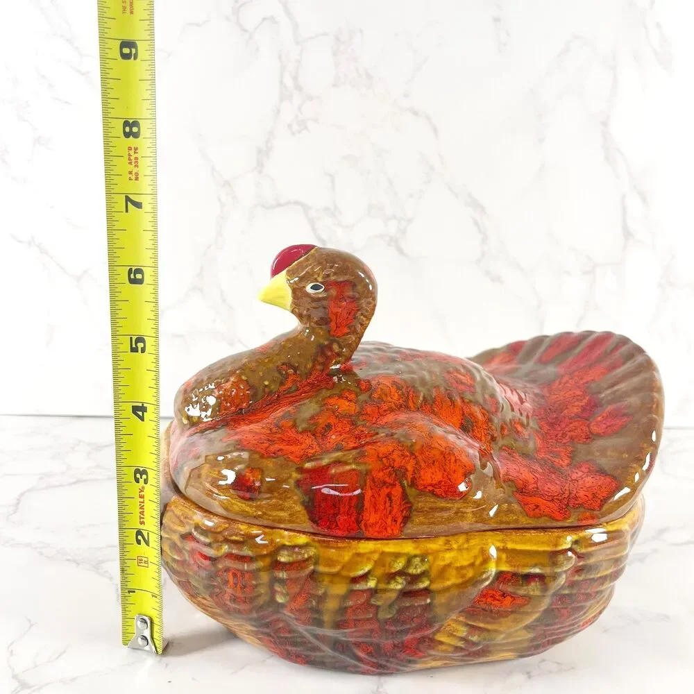 Vintage 1970s Ceramic Turkey Tureen with Lid Drip Glaze Fall Casserole Dish
